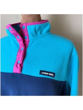 Lands End Snap Neck Heritage Fleece Pullover Womens Large 14-16 Shirt Navy Teal